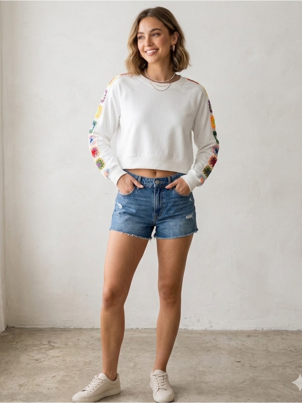 Rebellion White Cropped Sweatshirt with Rainbow Floral Sleeve Embroidery